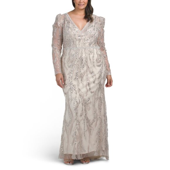 MAC DUGGAL Mocha Long Sleeve Embellished Gown - Picture 1 of 2